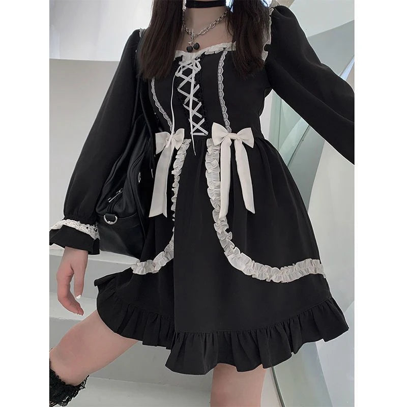 Harajuku Sweet Bow Black Plaid Dresses All-match Slim Fit Kawaii Lolita Dress for Women Autumn New Long Sleeve Vestidos De Mujer - Smarsty