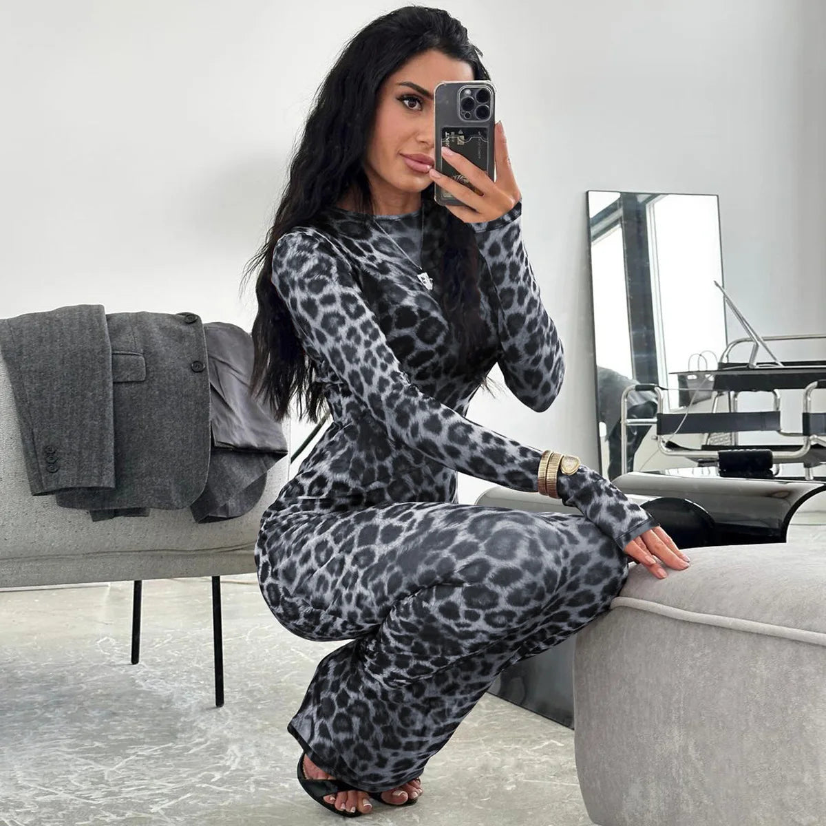 Hugcitar Leopard Print Mesh Long Sleeve Sexy Slim See Through Maxi Dress Fall Women Fashion Outfits Beach Vacation Club