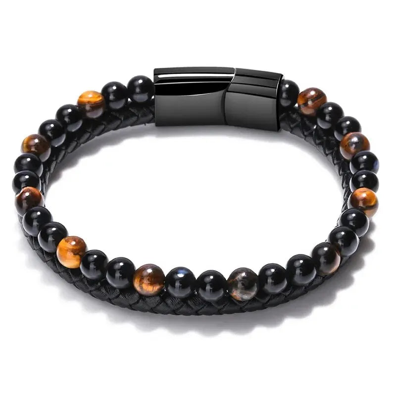 Natural Stone Leather Bracelet with Tiger Eye Beads - Smarsty