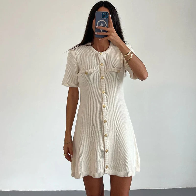 White Elegant Knitted Mini Dress For Women Metal Button Sexy Slim Rib Sweater Dress Holiday Party Outfits Autumn 2024 New - Smarsty