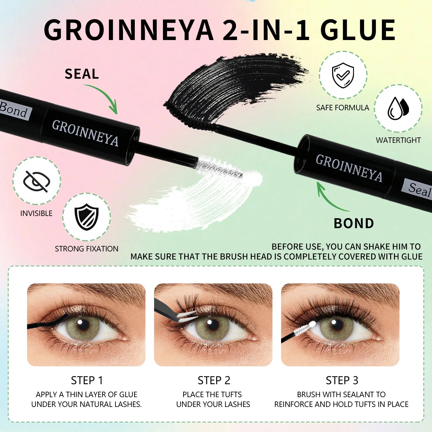 GROINNEYA DIY Lash Clusters Kit Mixed Tray Eyelash Extension Full Set Individual Lashes with Lash Bond&Seal and Tweezers Tool - Smarsty