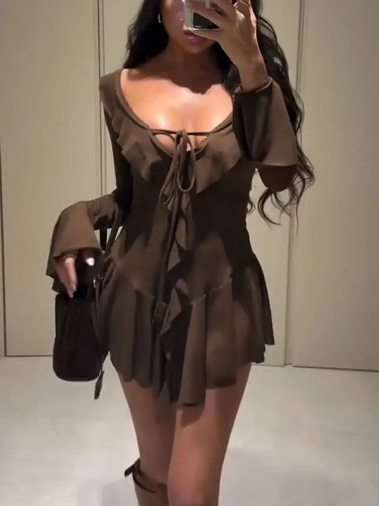 Tossy Ruffled Lace-Up White Mini Dress Women's V-Neck Patchwork Long Sleeve Sexy Slim Dress Bandage Elegant Female Summer Dress - Smarsty