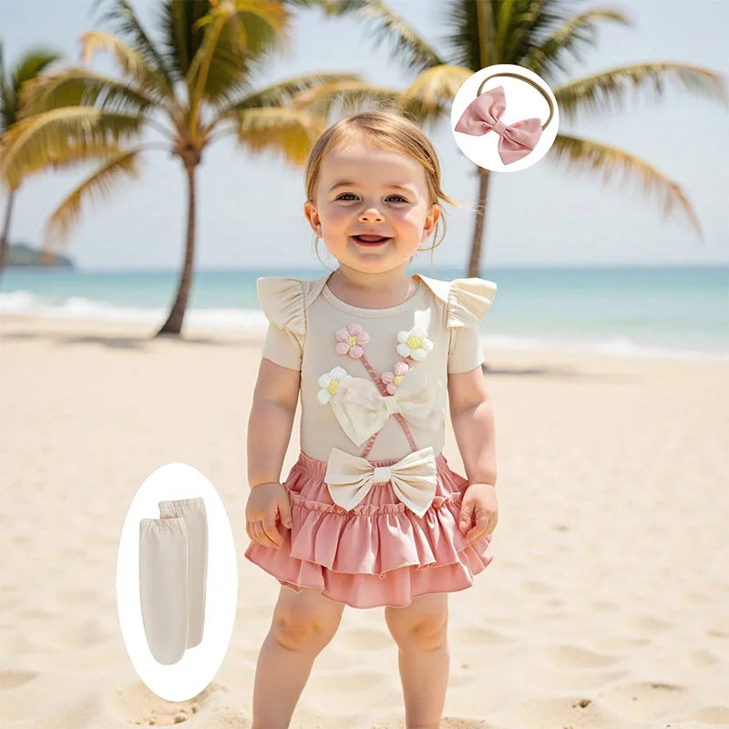 Toddler Girls Floral Print Romper with Ruffle Sleeve and Matching Shorts Set Cute Headband Included - Summer Outfit for Baby