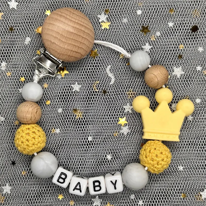NEW Custom Personalized Name Pacifier Clip Handmade Beech Wooden Chain Silicone Crown Holder Soother Baby Teething Toy Chew Gift by Smarsty
