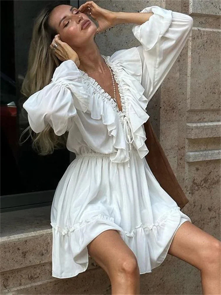 Talenza White Ruffle Bandage Mini Dress Women's Elegant Patchwork Long Sleeve Dress New Slim V Neck Lace Up Summer Mini Dress - Smarsty