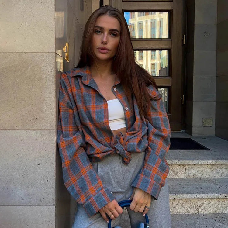 Oversized Plaid Shirt Autumn Winter Women Vintage Long Sleeve Fashion Loose Lapel Pocket Shirt Fit Blouse Korean Style - Smarsty