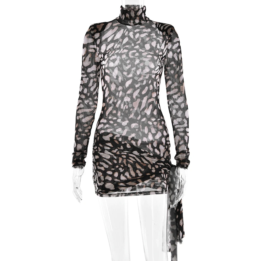 Fantoye Turtleneck Sexy Sheer Print Leopard Bandage Women Dress Long Sleeve Mini Dress Lady Spring Slim Elegant Party Club Dress - Smarsty