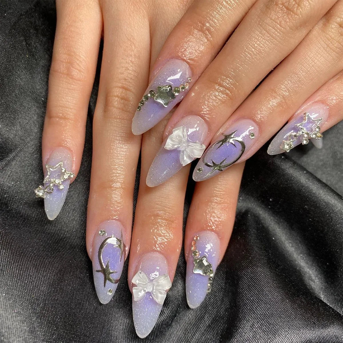 24Pcs French Fake Nails with Pink Bow Design - Smarsty