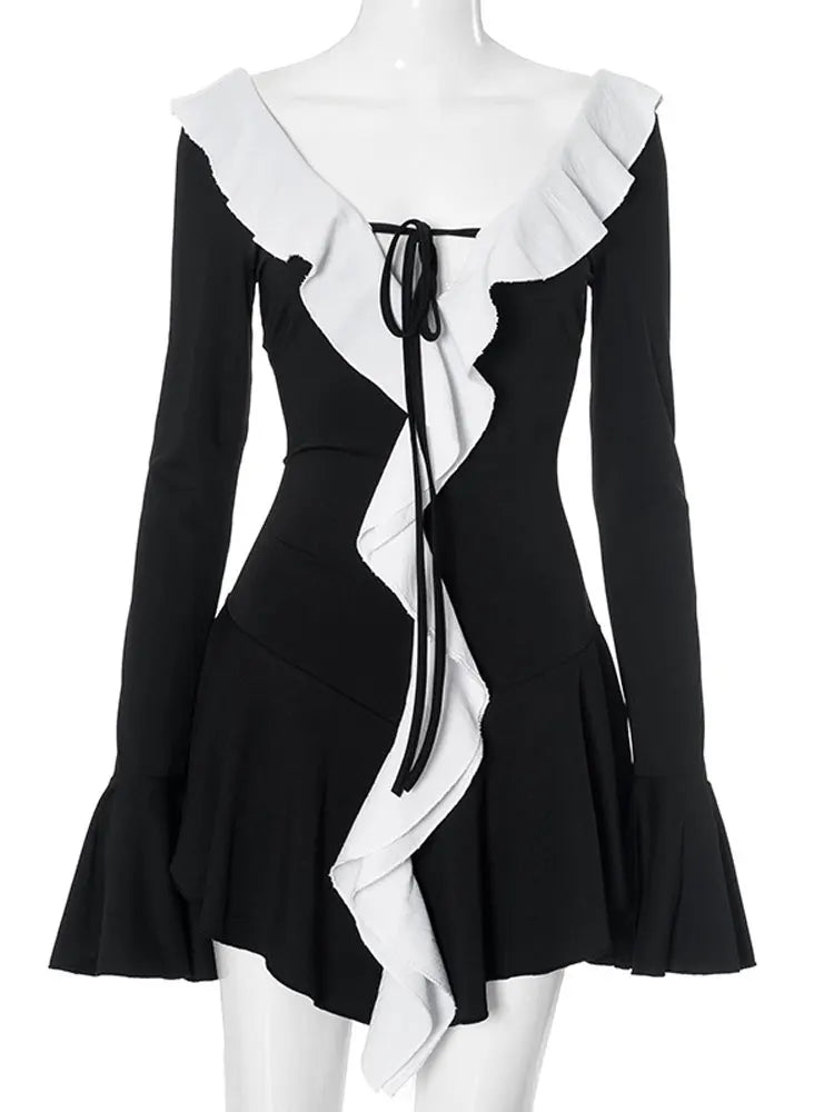 Tossy Ruffled Lace-Up White Mini Dress Women's V-Neck Patchwork Long Sleeve Sexy Slim Dress Bandage Elegant Female Summer Dress - Smarsty