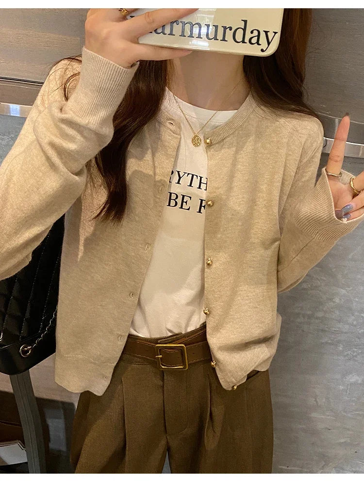 Solid Color Knitted for Women Cardigan Korean Single Breasted Long Sleeve Jumper Woman Round Neck All Match Cardigans Outwear - Smarsty