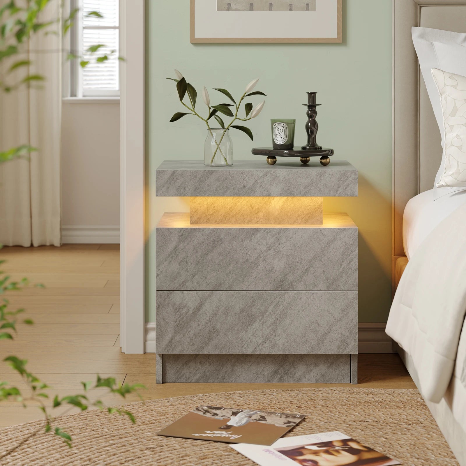 Cubehom LED Nightstands with 2 Drawers, End Table with RGB LED Lights for Bedroom Living Room, White Bedside Table