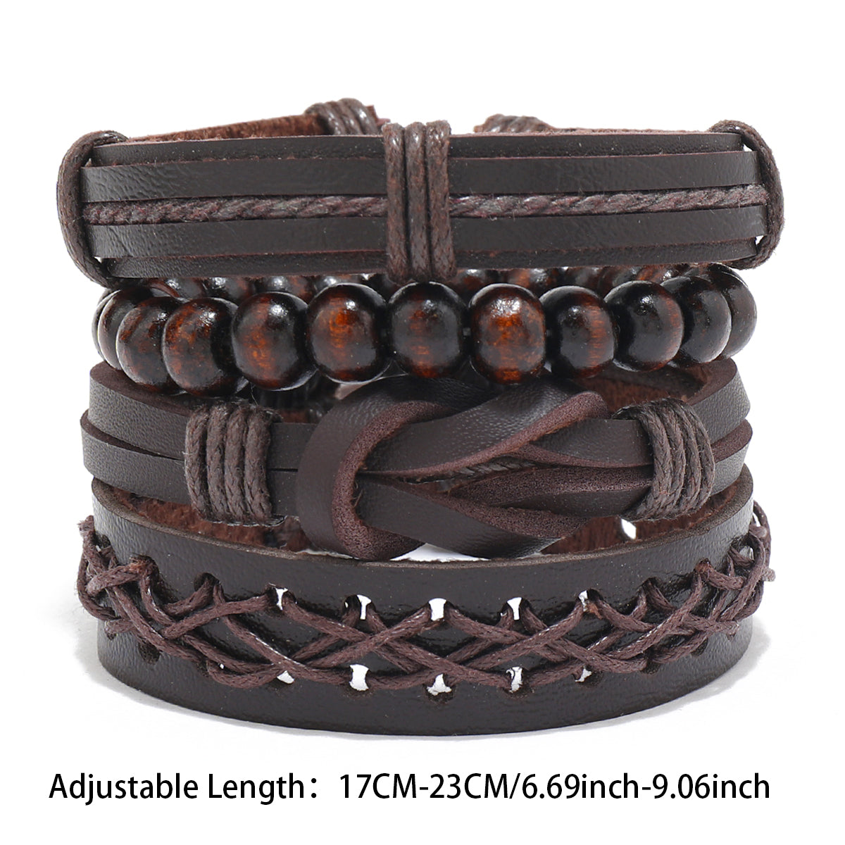 Vintage Leather Men Bracelet Woven Brown Wood Beads - Smarsty