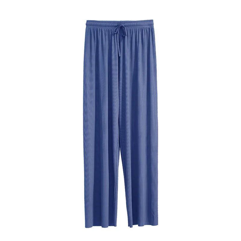 Women Ankle-Length Wide Leg Pants Casual Summer Solid Elastic Waist Loose Ice Silk Pants Spring Summer Female Trousers - Smarsty