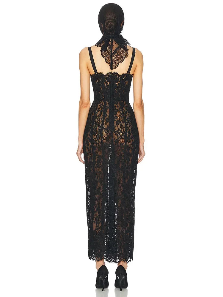 Sexy Spaghetti Strap Square Neck Lace Long Dress Women Black Floral Lace Sleeveless Bodycon Dresses Elegant Evening Celebrity