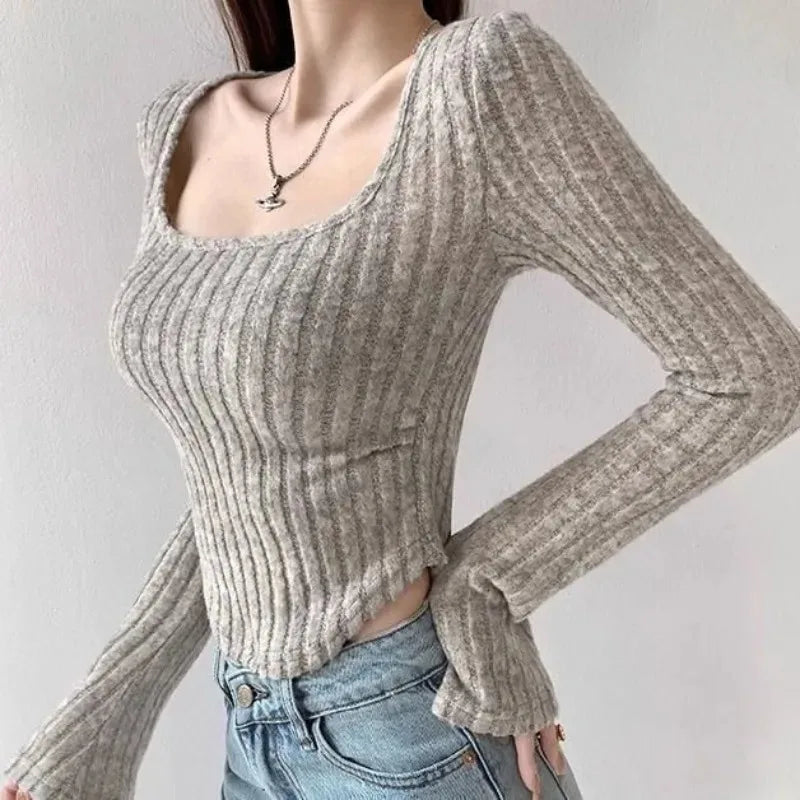Sexy Pullovers Women Off Shoulder Cropped Knitted Basic Clothes Autumn All-match Side Slit Simple Tender Slim Gentle Seductive - Smarsty