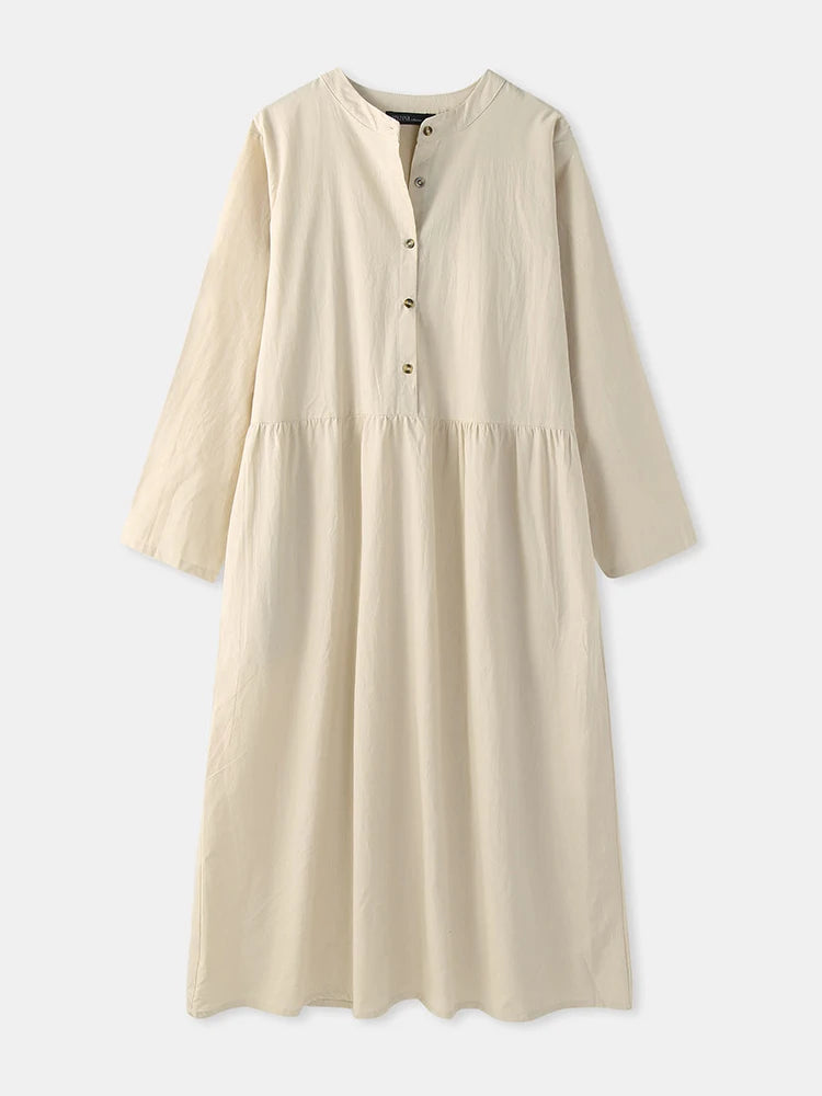Women's Elegant Solid Cotton Robe Femme 2022 Spring Autumn Bohemian Maxi Dress ZANZEA Casual Long Sleeve Shirt Dresses Oversized - Smarsty