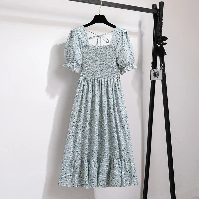 Spring Summer Chiffon Dresses Fashion Female Elastic Waist Short Sleeve Pleated Casual Dress Women A-line Dresses Vestidos - Smarsty