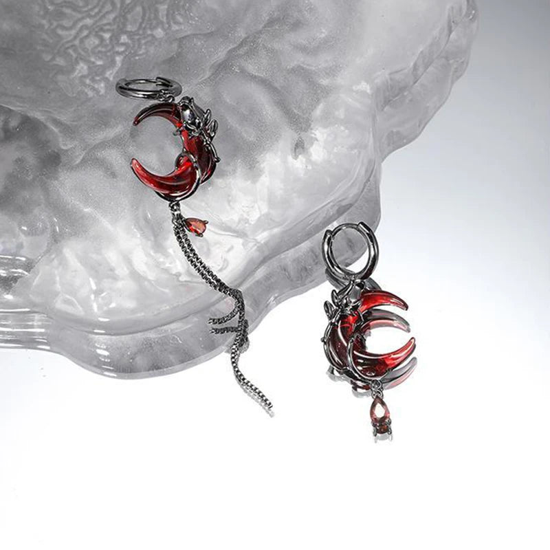 Red Moon Gem Asymmetric Earrings for Unique Punk Style - Smarsty