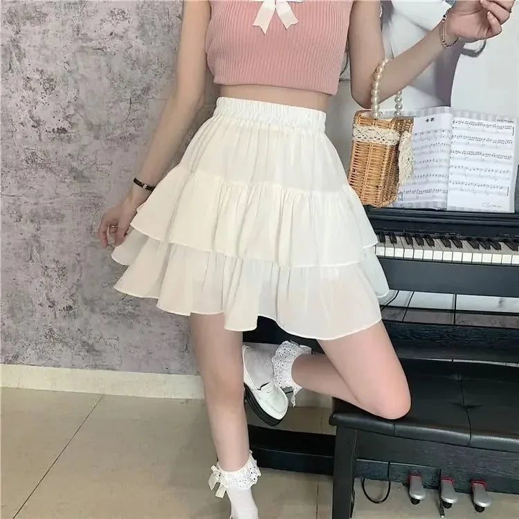 Pleated A-line Skirt White Women Ruffles Sweet Hottie Preppy Style Elastic Elastic Waist Slim Thin SimpleCasual Summer Wholesale - Smarsty