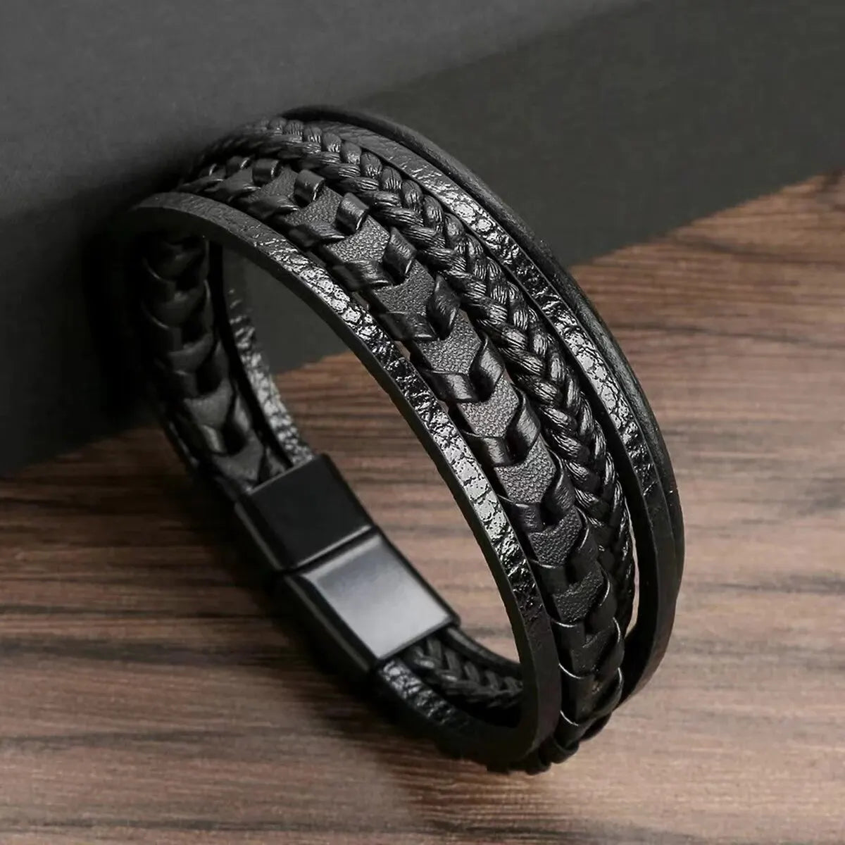 Mens Vintage Multi Layered Leather Bracelet Magnetic Buckle - Smarsty
