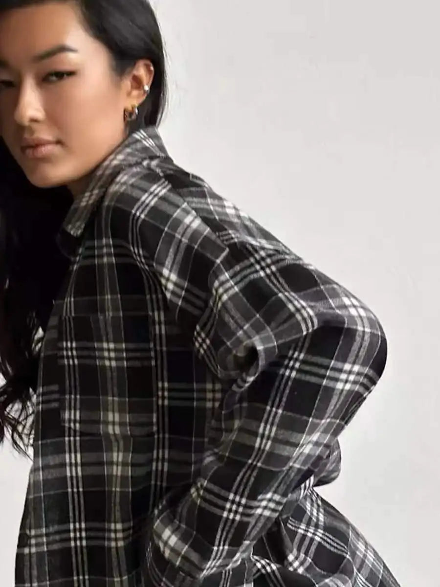 Oversized Plaid Shirt Autumn Winter Women Vintage Long Sleeve Fashion Loose Lapel Pocket Shirt Fit Blouse Korean Style - Smarsty