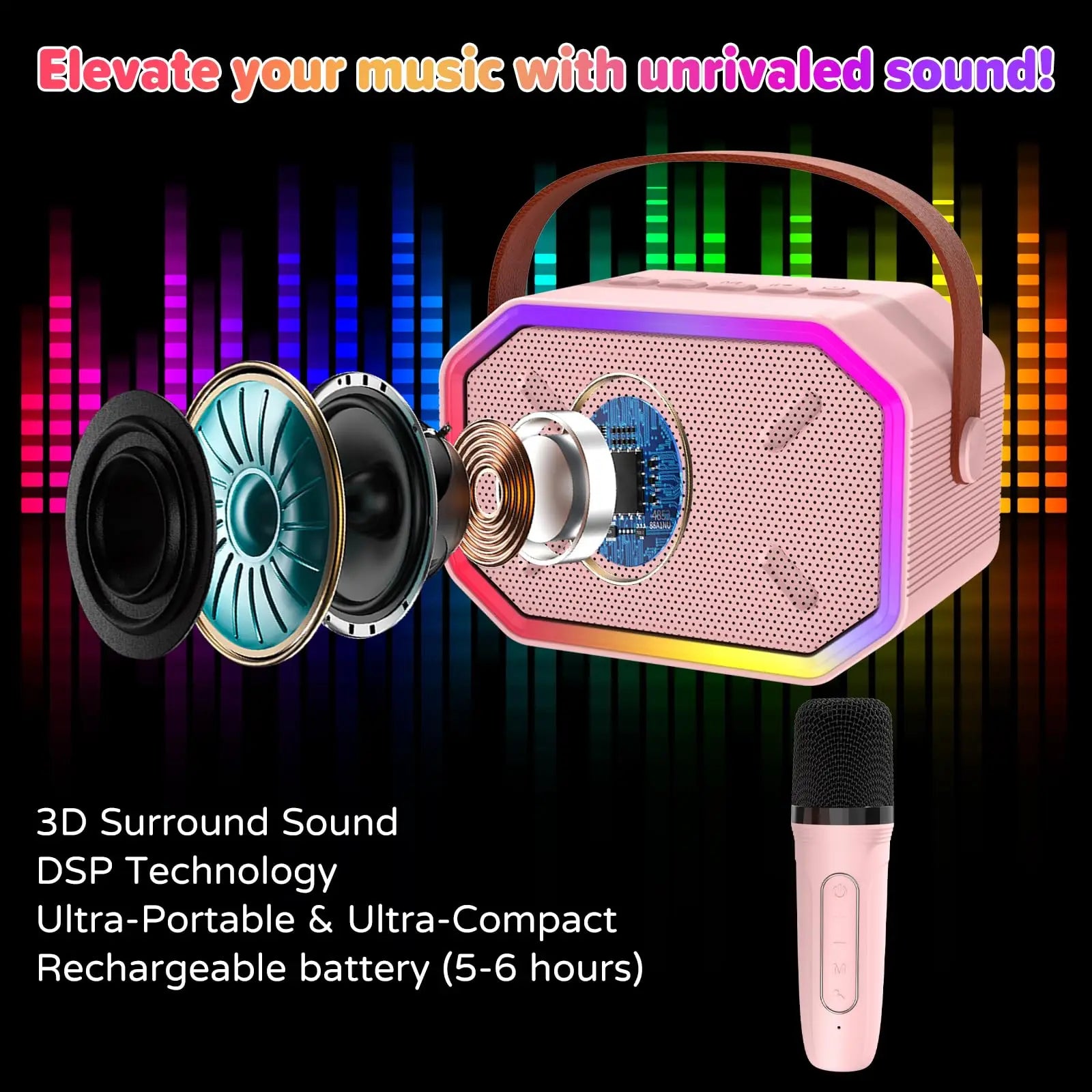 Mini Karaoke Machine for Kids Portable Karaoke Machine Bluetooth Wireless Microphones LDE Light Toys Gifts for Girls Boys - Smarsty