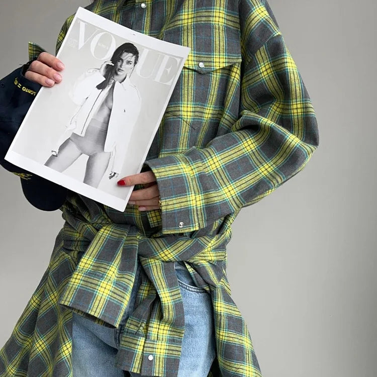 Oversized Plaid Shirt Autumn Winter Women Vintage Long Sleeve Fashion Loose Lapel Pocket Shirt Fit Blouse Korean Style - Smarsty