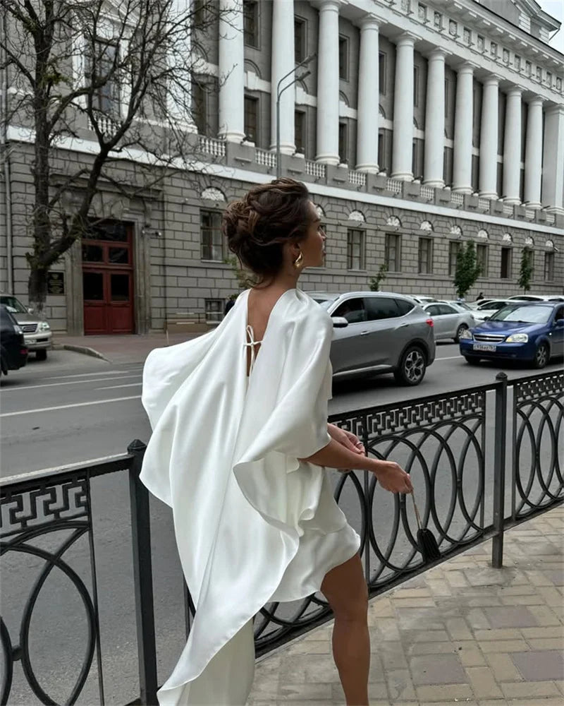 Mozision Shawl Sleeve Ruffle Sexy Mini Dress Women Robe Fashion Solid Lace-up Backless Club Party Dress Female Elegant Dresses