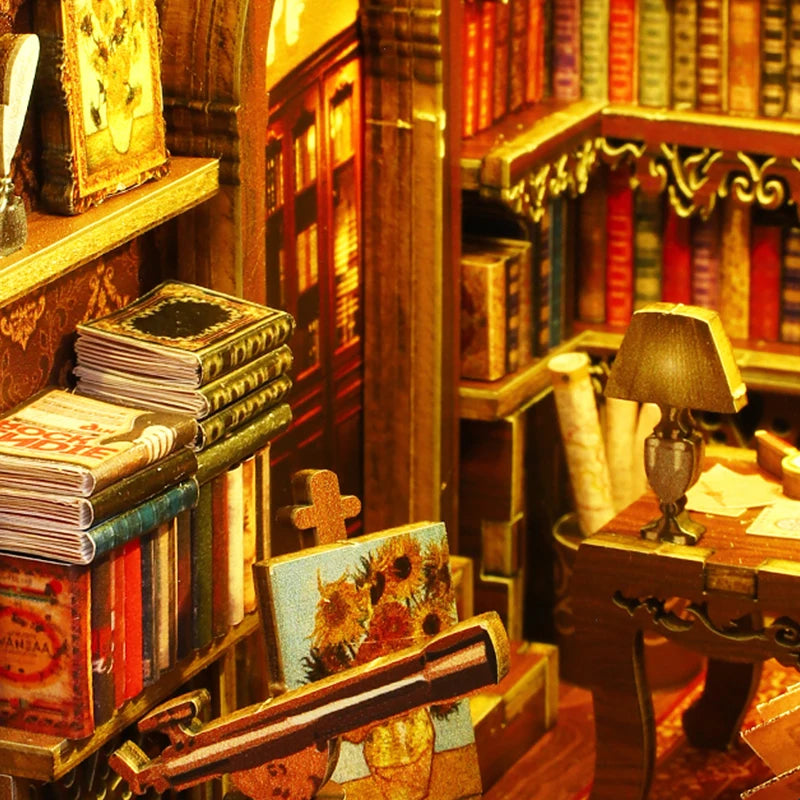 DIY Book Nook Shelf Insert Kit 3D Wooden Puzzle Doll House Assembly Building Model Bookends With Furniture LED Light Xmas Gifts by Smarsty