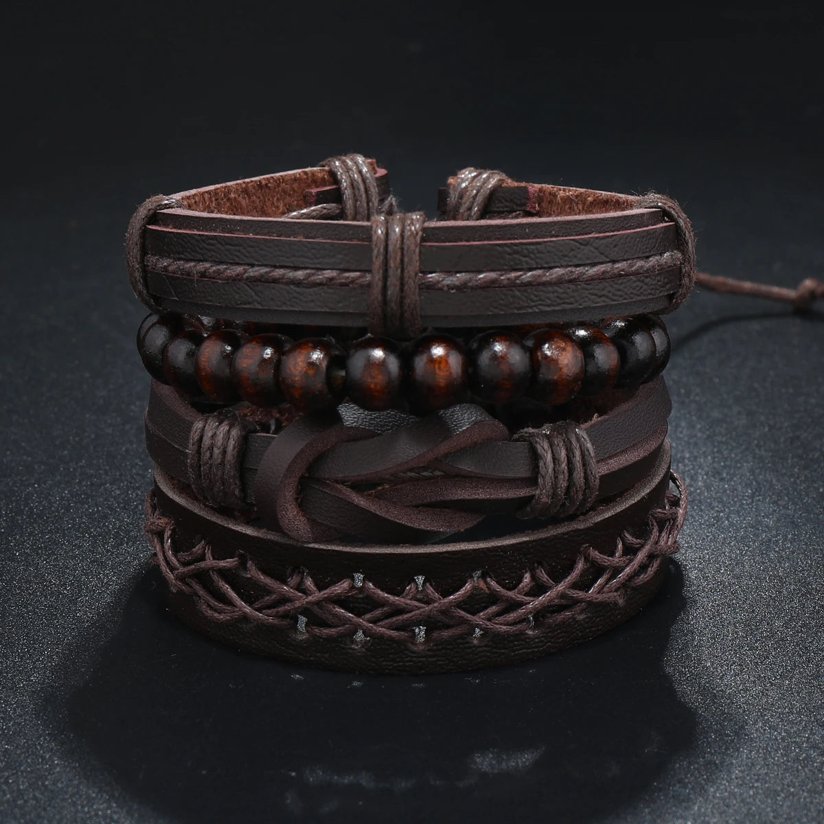 Vintage Leather Men Bracelet Woven Brown Wood Beads - Smarsty