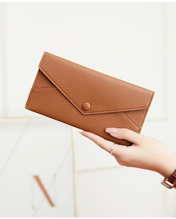 RFID Anti-Theft Purse for Women, Lychee Print, Soft Leather, Envelope Long Wallet, Ultra-thin, Portable, Simple Hand Bag