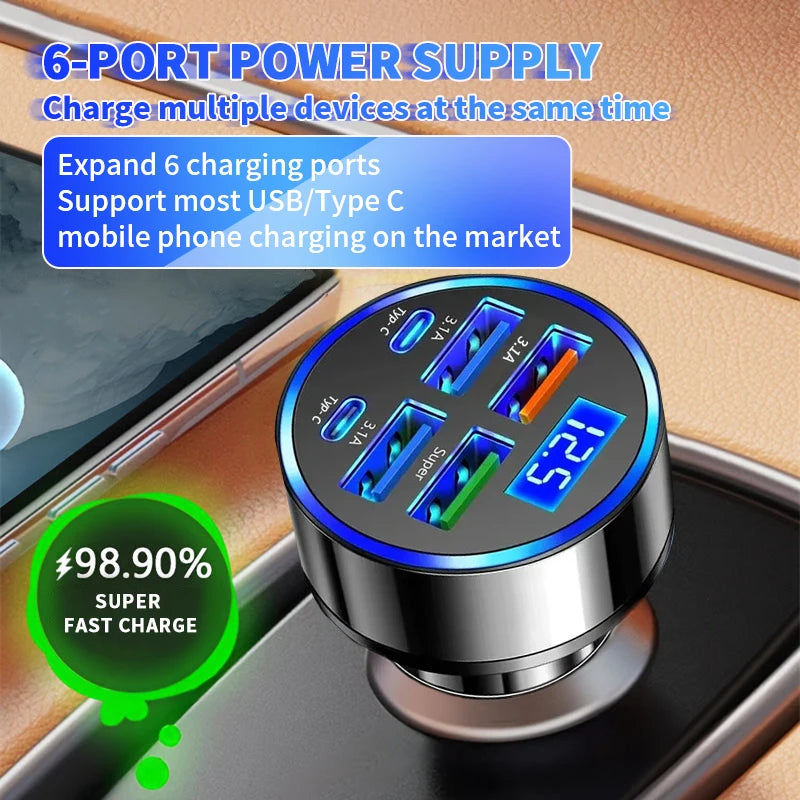 100W Six Port Car Charger With PowerDelivery USB C - Smarsty