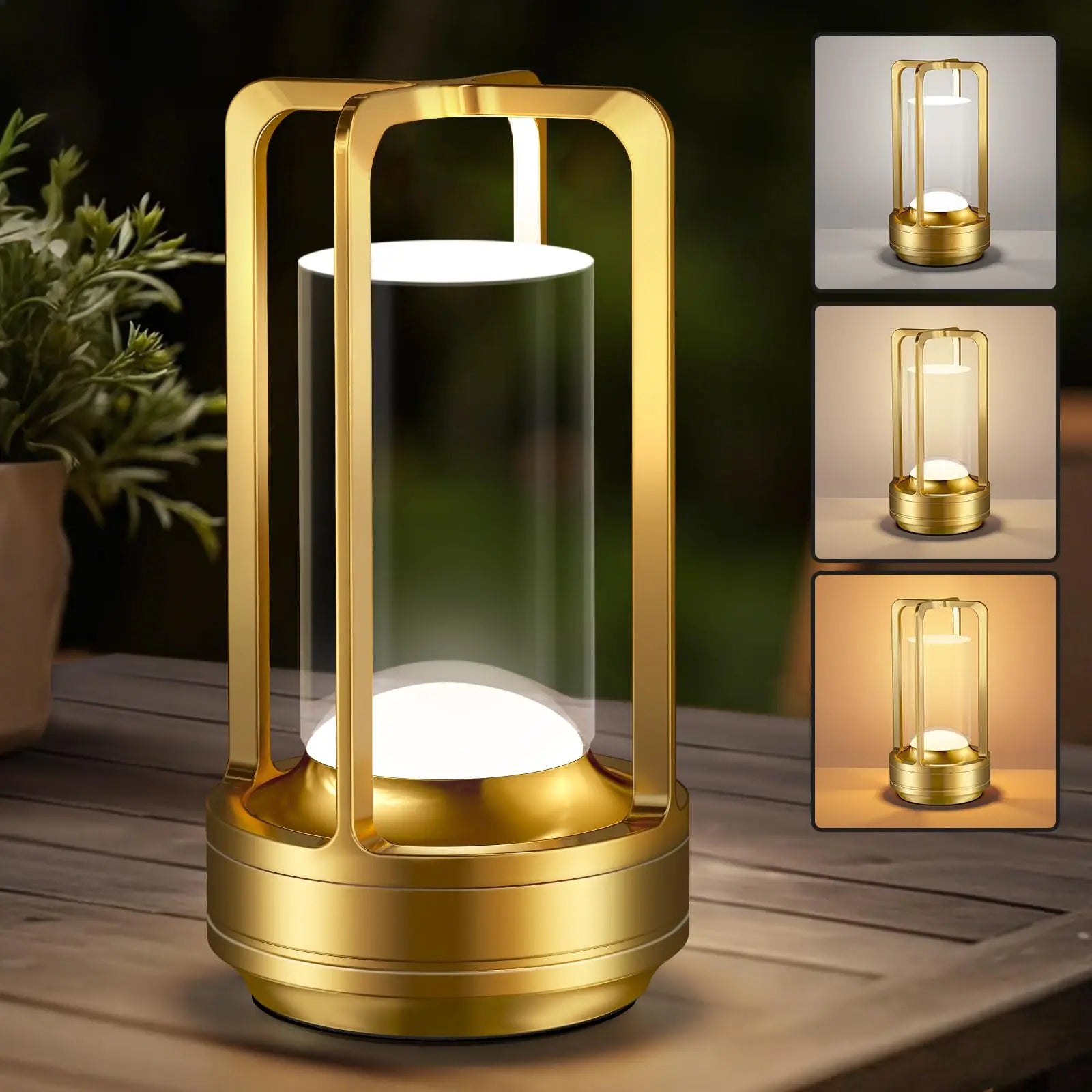 Cordless Rechargeable Portable Table Lamp - 3 Color Dimmable Metal Light for Home & Outdoor
