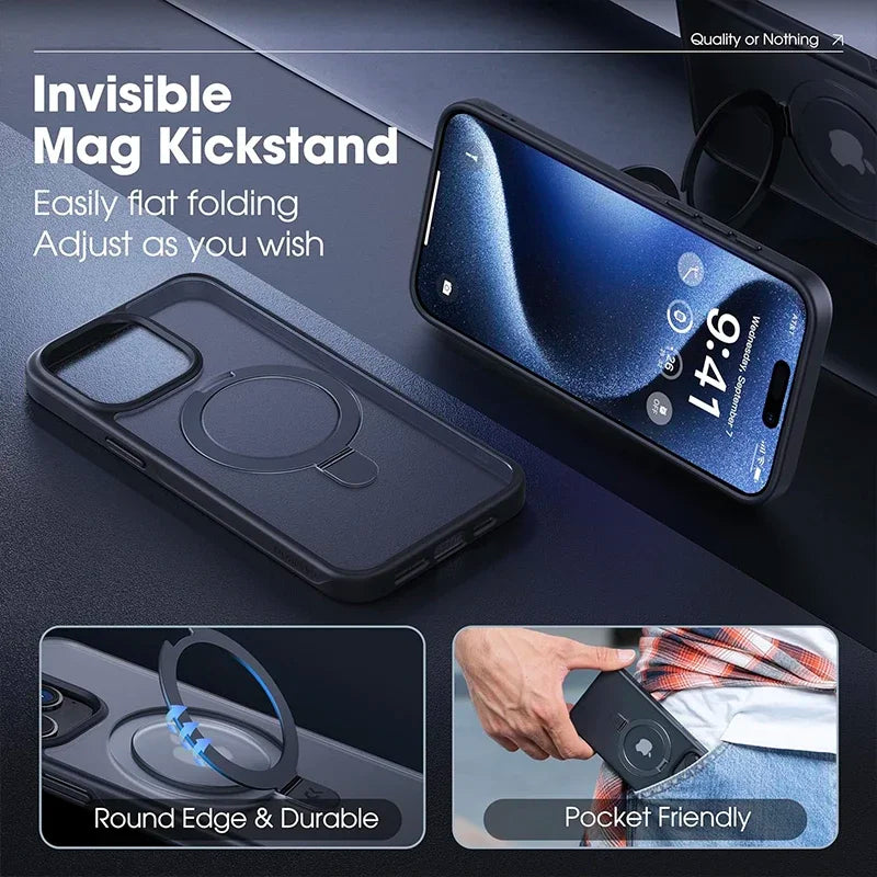 Metal Ring Stand Matte Magnetic Case for Magsafe IPhone 17 Air 15 14 13 12 11 16 Pro Max Plus with Lens Protector Mac Safe Cover