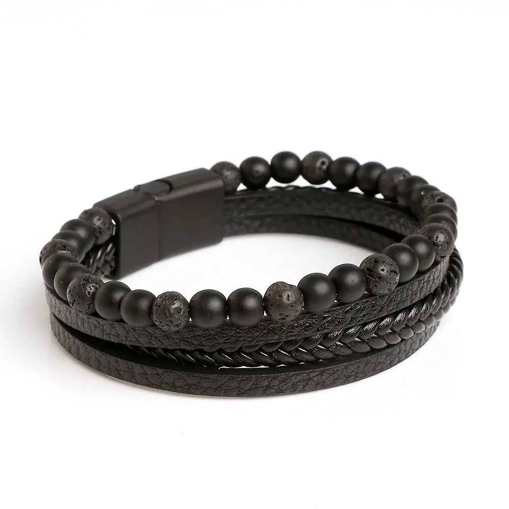 Men Leather Bracelet Multi Layer Tiger Eye Beaded Design - Smarsty