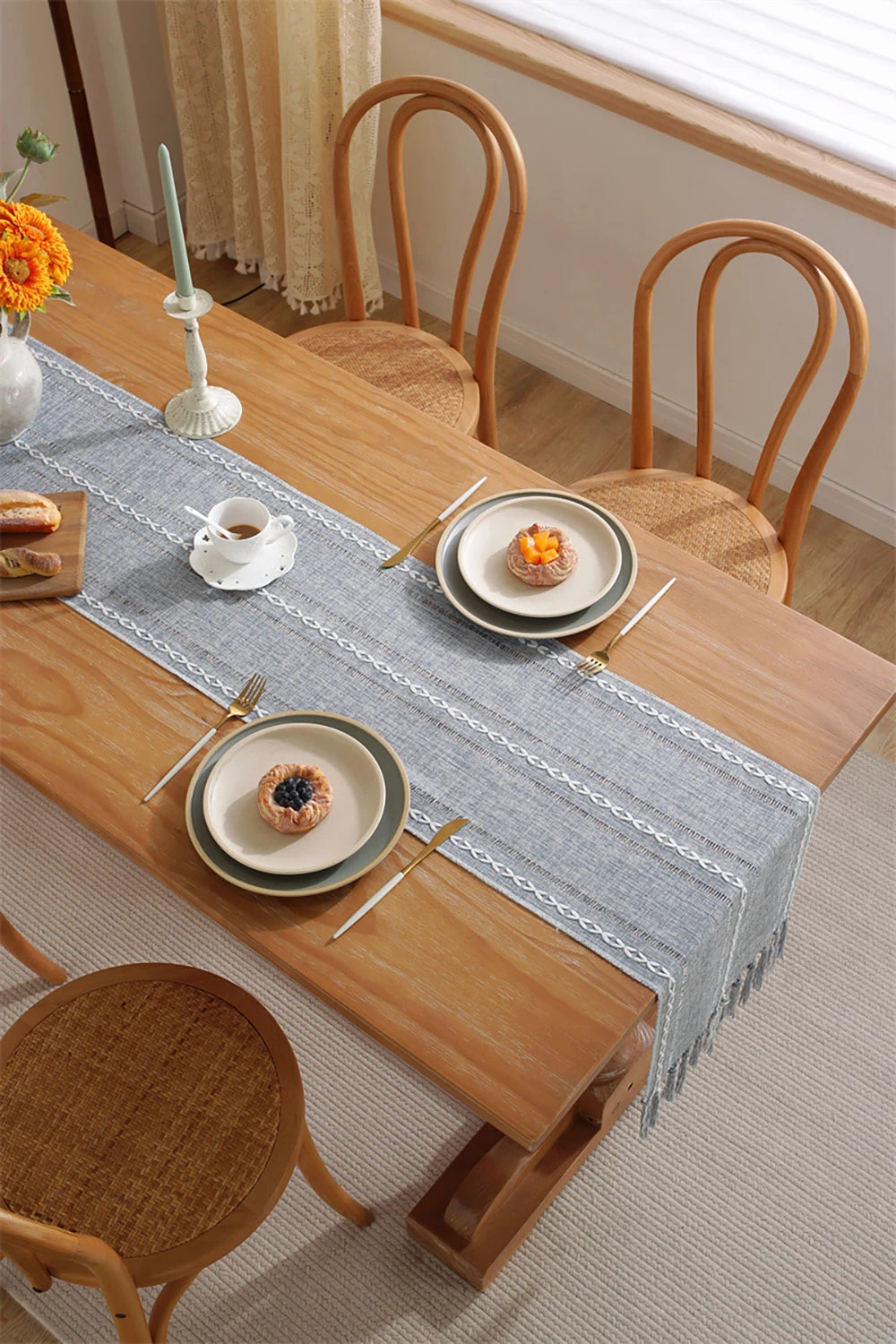 Boho Green Table Runner with Rustic Tassels - Smarsty