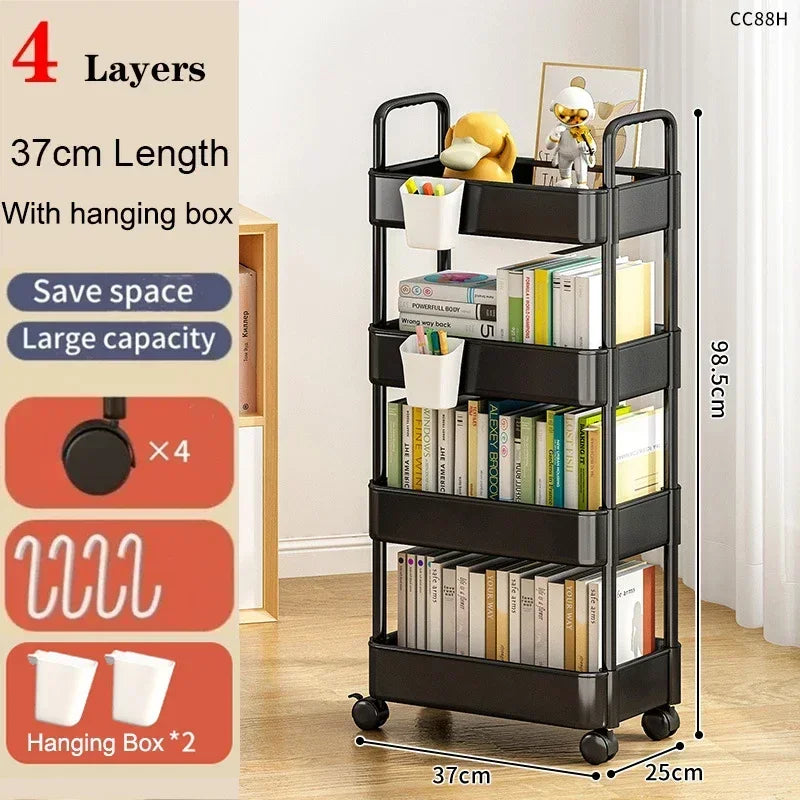 Bookshelf Storage Trolley Mobile Kitchen Organizer Cart with Wheels Save Space Household Shelves Bedroom Snacks Storage Rack by Smarsty