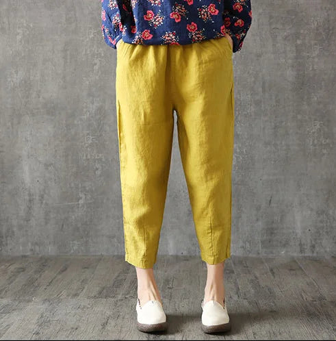 Women Summer Casual Loose Harem Elastic Waist Cotton Linen Pants Ninth Trousers - Smarsty