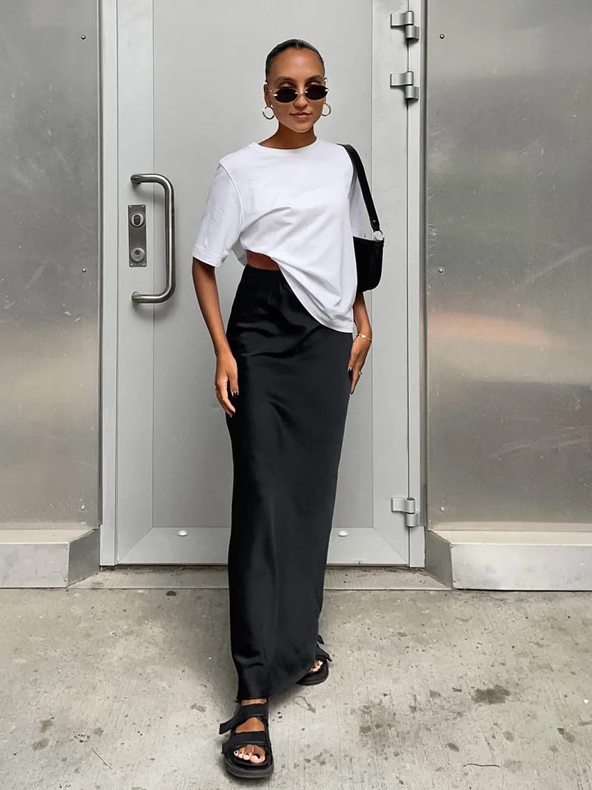 Elegant Satin Black Trumpet Skirts Fashion Slim High Waist Skirts Women Female Solid Office Long Skirt Spring Summer - Smarsty