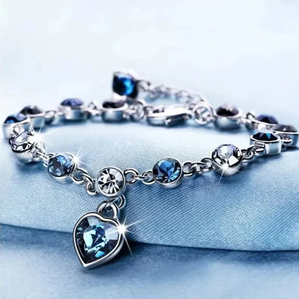 Women Silver Color Lucky Bracelet Female Blue Crystal Heart Charm Pulseras Bracelet Bridal Wedding Engagement Fine Jewelry Gift - Smarsty