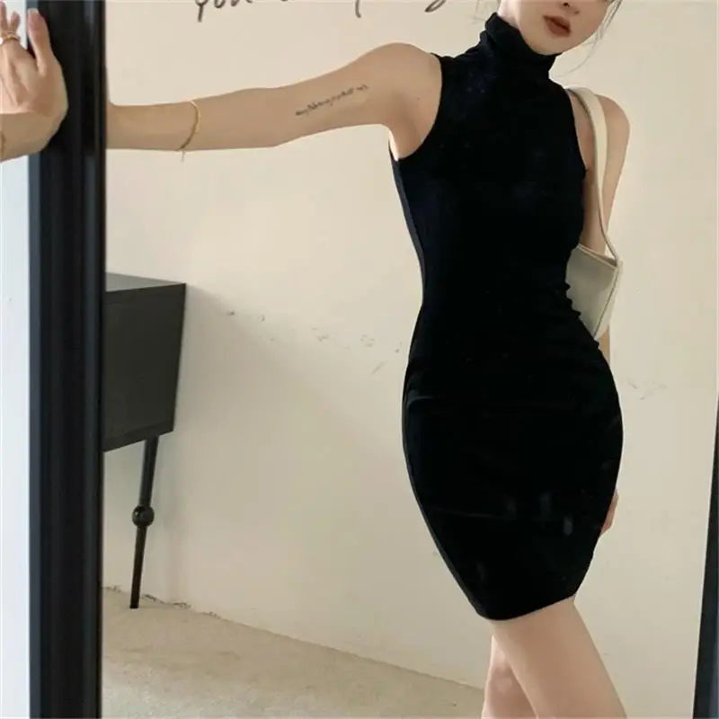 Summer Sexy High Neck Tight Dress Oversleeve Pleated Bottom Wrapped Hip Dress Women Bodycon - Smarsty