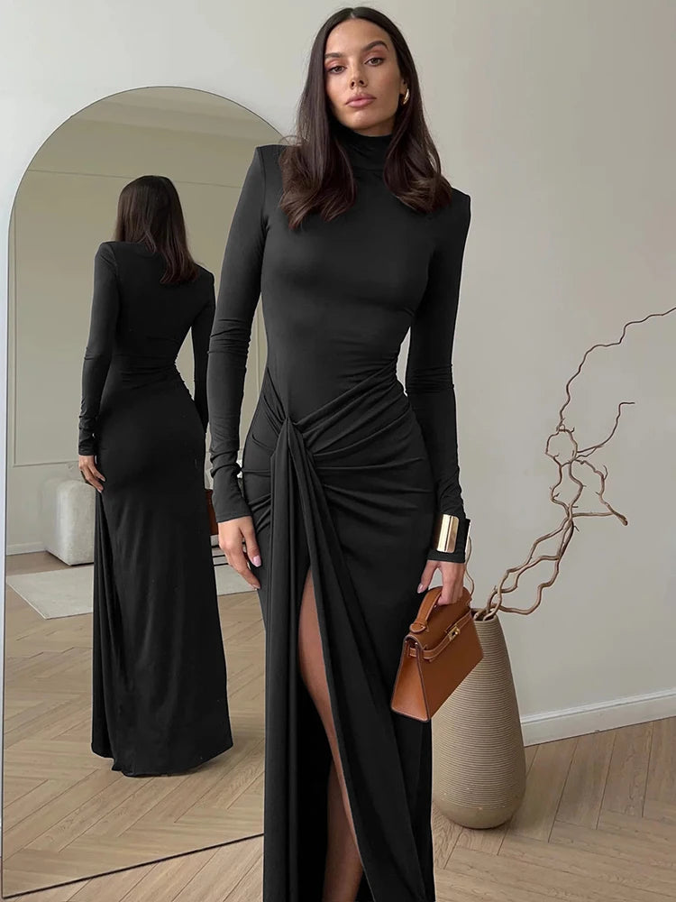 Mozision Turtleneck Thigh High Split Sexy Maxi Dress For Women Fashion Long Sleeve Draped Bandage Bodycon Club Long Dress - Smarsty