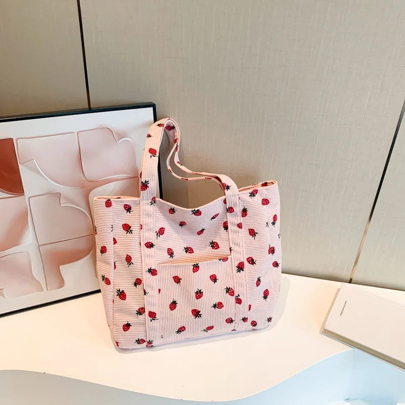 Corduroy Handbag Strawberries Beach Tote Large Capacity - Smarsty