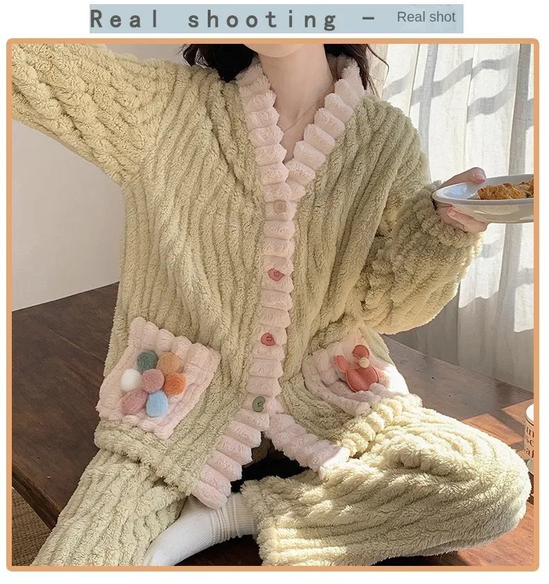 Thickened Warm Flannel Women Sleepwear Loungewear Cardigan Suit Winter Sweet Kawaii Soft Fairy Wind Ladies Pajamas Homewear - Smarsty