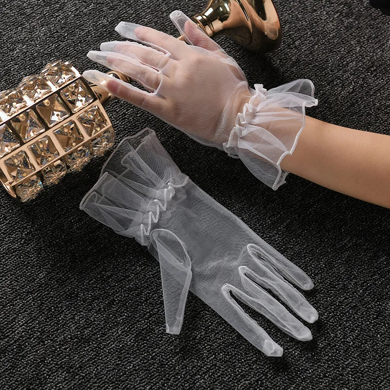 Women Lace Tulle Gloves Stretchy Full Finger Wedding Gloves - Smarsty