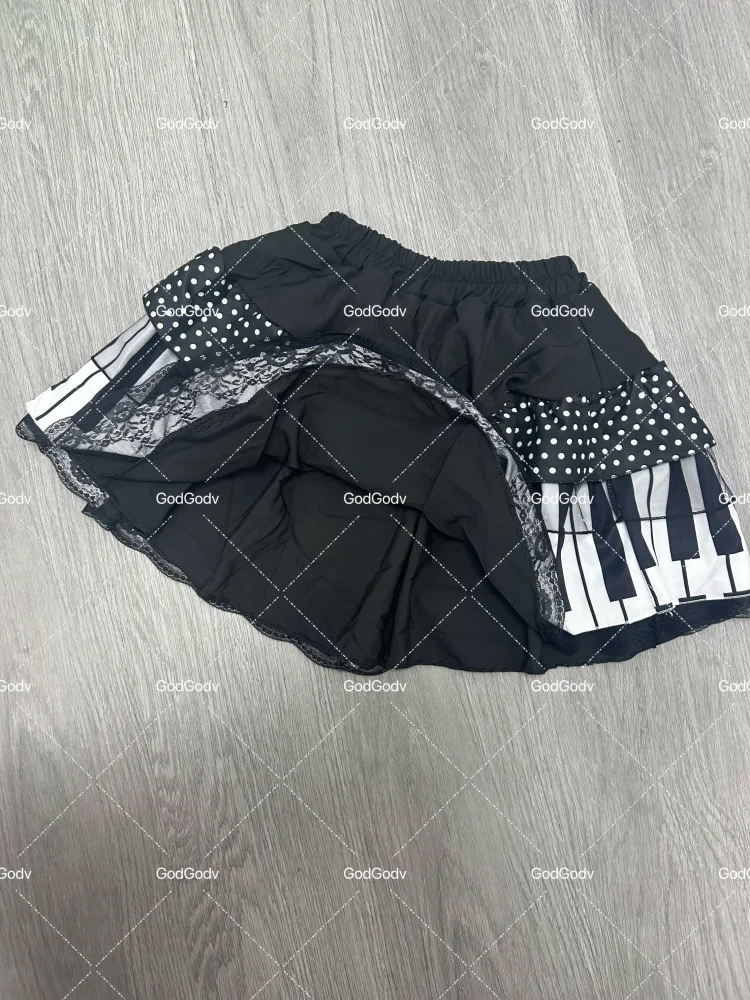Spring Black White Spliced Women Short Skirt 2025 Y2k Slim Design Harajuku Mini Skirt Female Empire Korea Style Chic Piano Skirt - Smarsty