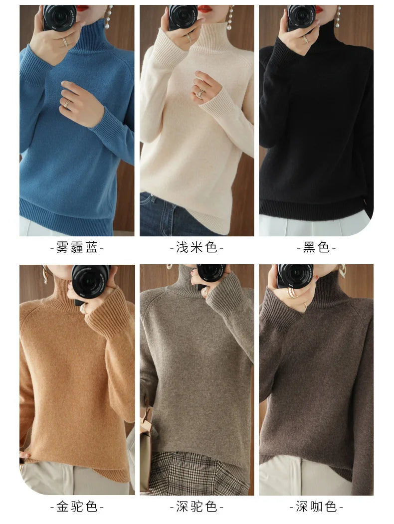 Fashion Basic Autumn Winter Merino Wool Sweater Mock Neck Cashmere Pullover Solid Color Soft Long Sleeve Clothing Tops - Smarsty