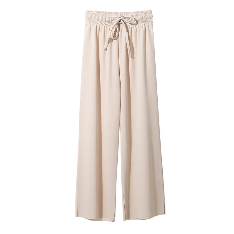 Women Ankle-Length Wide Leg Pants Casual Summer Solid Elastic Waist Loose Ice Silk Pants Spring Summer Female Trousers - Smarsty