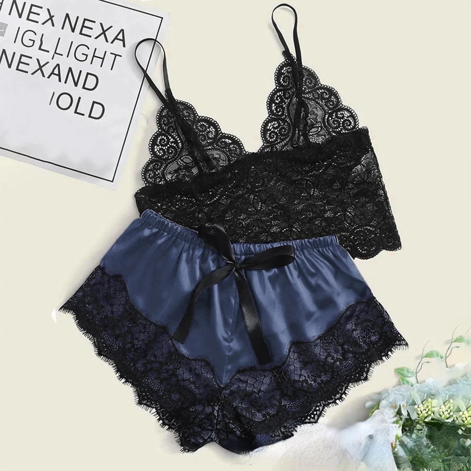Pajama Sets Sexy Pajamas for Women 2 Pieces Top Shorts Set Sleepwear Clothes Lace Pajamas Underwear Lingerie - Smarsty