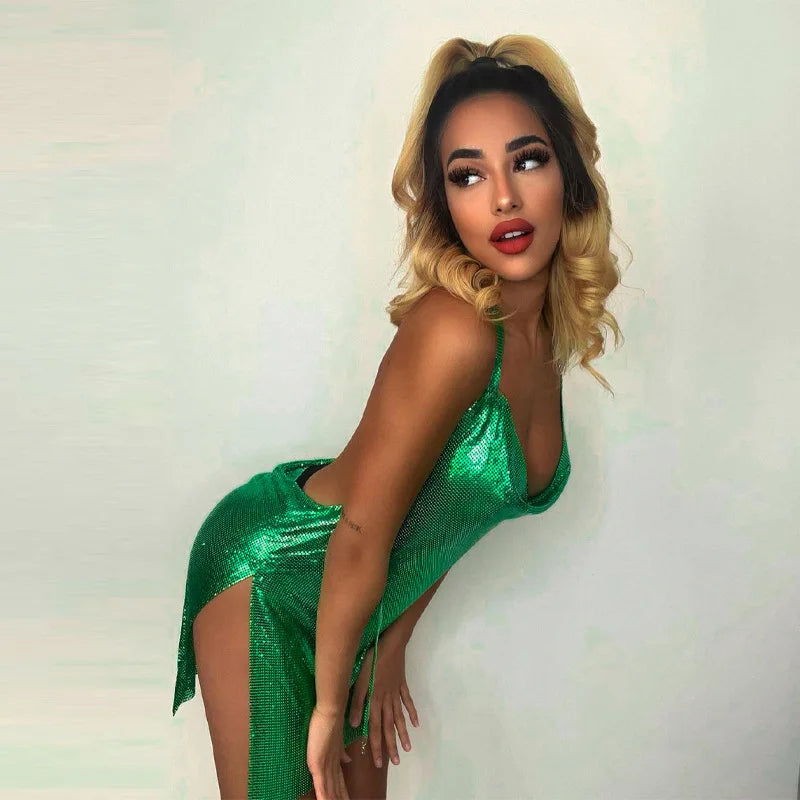 Sexy and Fashionable Women's Elegant Short Dress with Hanging Neck Backless Bottom Chest Sequin Party Girl Dance Dress - Smarsty